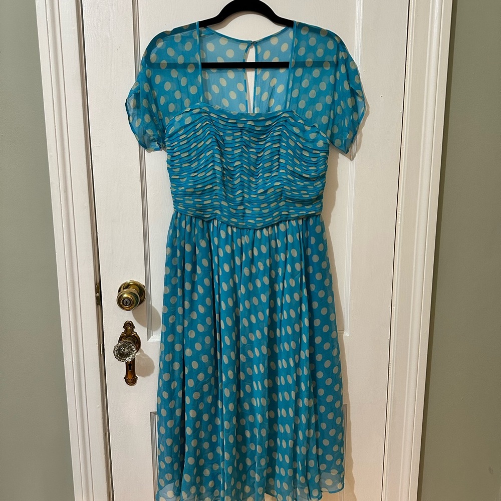 J. Peterman Teal and Cream Polka Dot Midi Dress 100% silk